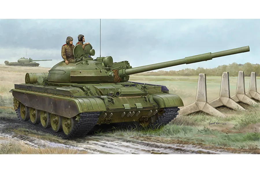 Box art illustration of a Russian T-62 BDD tank with two crew members in a field with concrete tank traps.