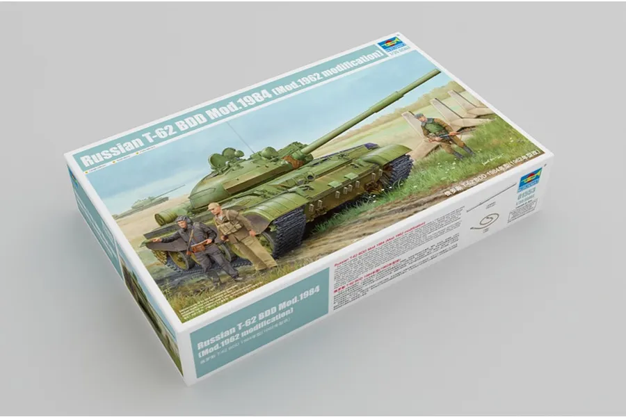 Trumpeter 1/35 scale Russian T-62 BDD Mod.1984 plastic model kit box showing an illustration of a green tank with soldiers in a field.