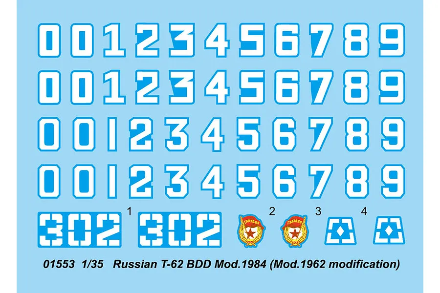 A decal sheet for a 1/35 scale Russian T-62 BDD tank model kit, featuring rows of white numbers, two Soviet guard emblems, and small geometric markings.