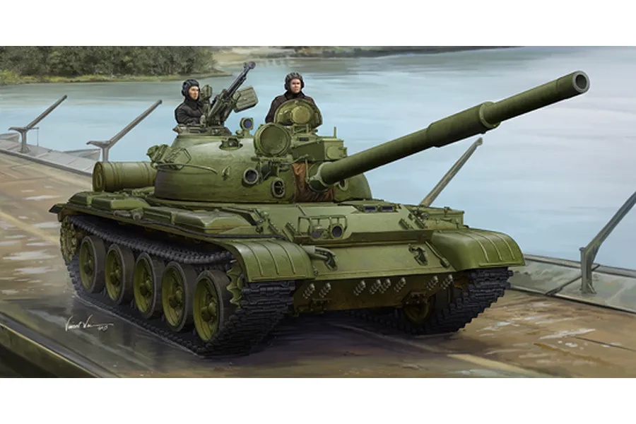 Box art illustration of a Russian T-62 tank with two crew members, positioned on a bridge over water.