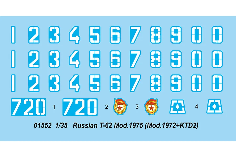 A decal sheet for a 1/35 scale Trumpeter Russian T-62 tank model kit, featuring rows of white stencil-style numbers and two small Soviet guard emblems.