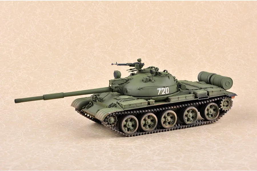 A fully assembled and painted 1/35 scale model of a Russian T-62 tank, featuring olive green camouflage and the number 720 on the turret.