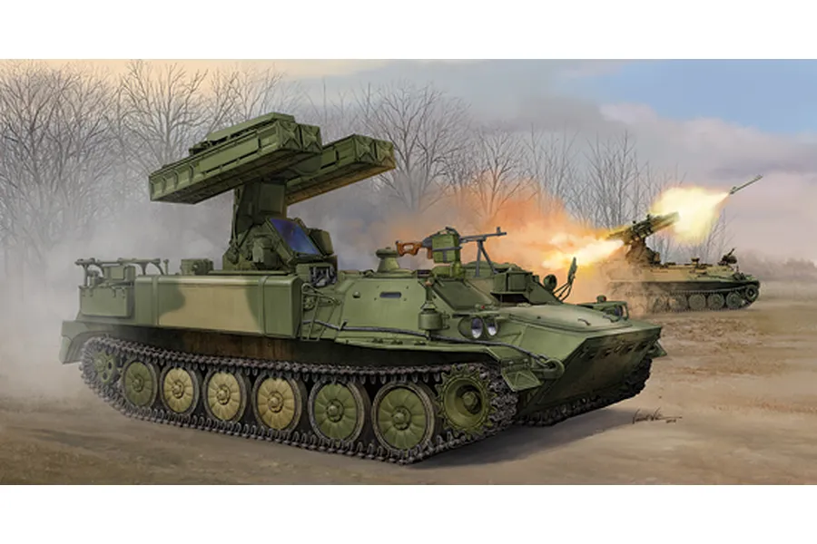 Box art illustration of a 9K35 Strela-10 surface-to-air missile system vehicle in a field, with another unit firing in the background.