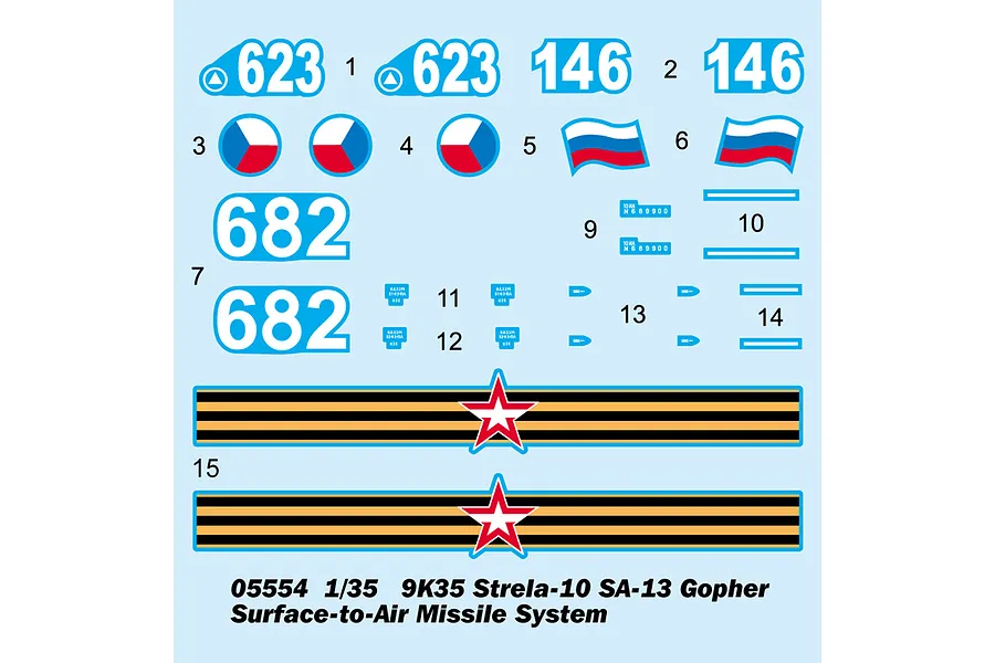 A decal sheet for a 1/35 scale Trumpeter 9K35 Strela-10 SA-13 Gopher model kit, featuring various numbers, flags, and markings on a light blue backing.
