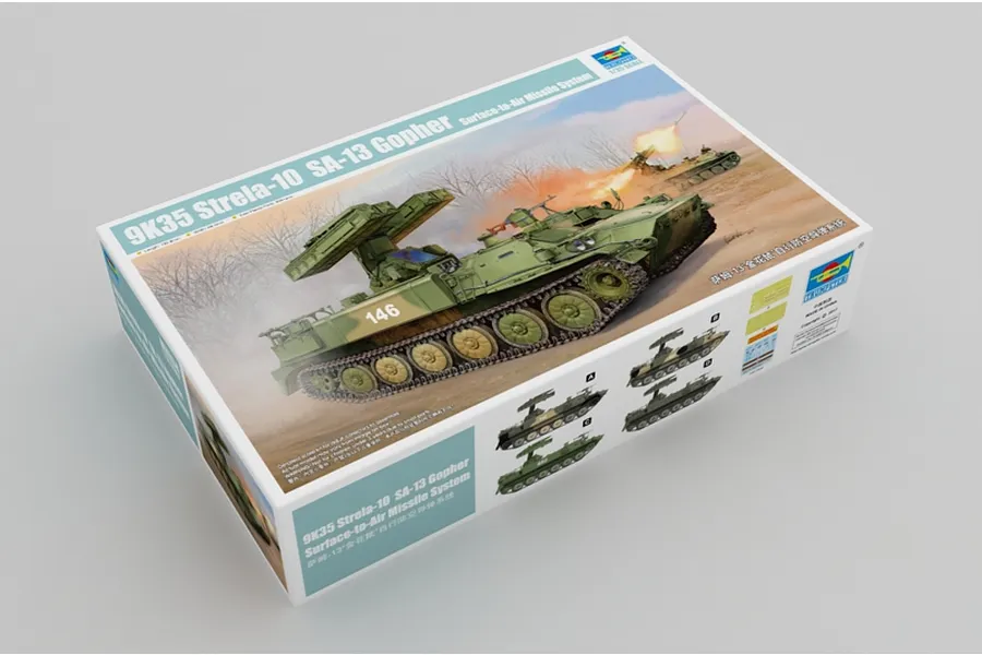 Trumpeter 1/35 scale 9K35 Strela-10 SA-13 Gopher model kit box showing a green military vehicle firing a missile.