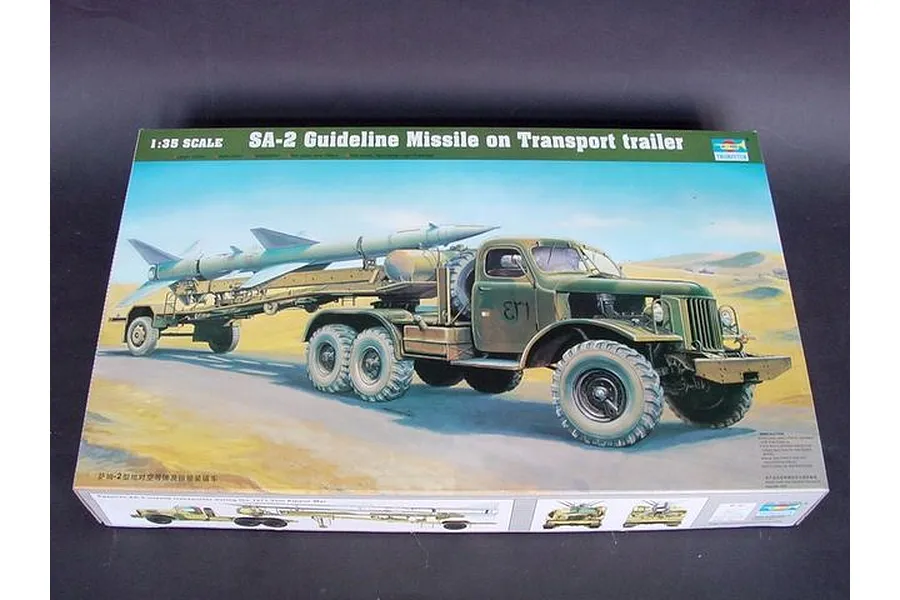 Box art for a Trumpeter 1/35 scale SA-2 Guideline Missile model kit featuring a military truck towing a missile transport trailer.