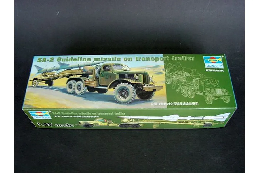 Trumpeter 1/35 scale SA-2 Guideline missile on transport trailer and truck model kit box.
