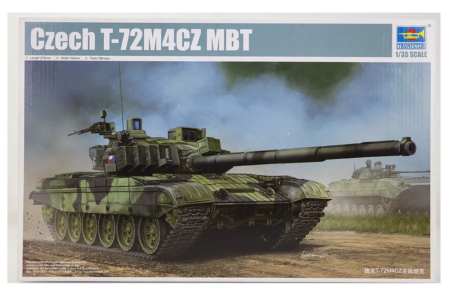 Product box for a Trumpeter 1/35 scale Czech T-72M4CZ Main Battle Tank plastic model kit featuring box art of the tank in a field.