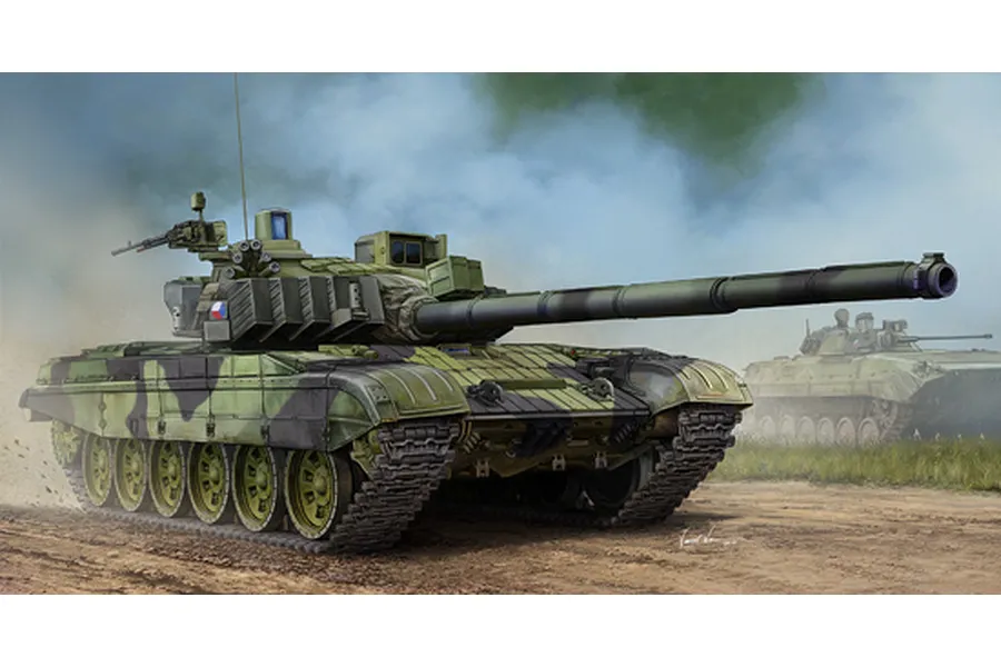 Box art illustration of a Czech T-72M4CZ main battle tank in a camouflage paint scheme, moving across a dusty field with another tank in the background.