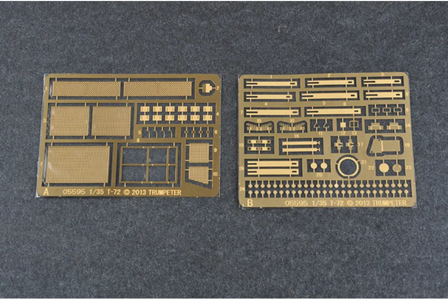 Two photo-etched brass detail sheets for a 1/35 scale Trumpeter T-72 model kit, labeled A and B.