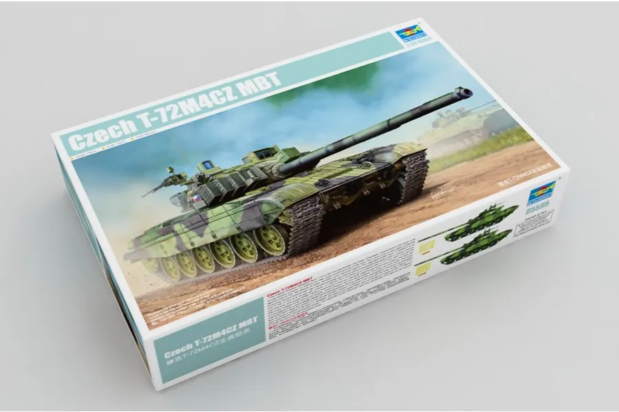 Trumpeter 1/35 scale Czech T-72M4CZ Main Battle Tank plastic model kit box, featuring box art of the tank in a field.