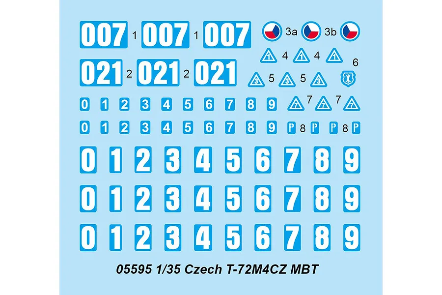 A decal sheet for a 1/35 scale Trumpeter Czech T-72M4CZ model kit, featuring various numbers, symbols, and national insignias on a light blue backing.