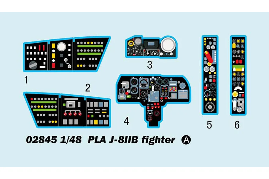 A decal sheet for the Trumpeter 1/48 scale PLA J-8IIB fighter model kit, showing various cockpit instrument panels and controls.