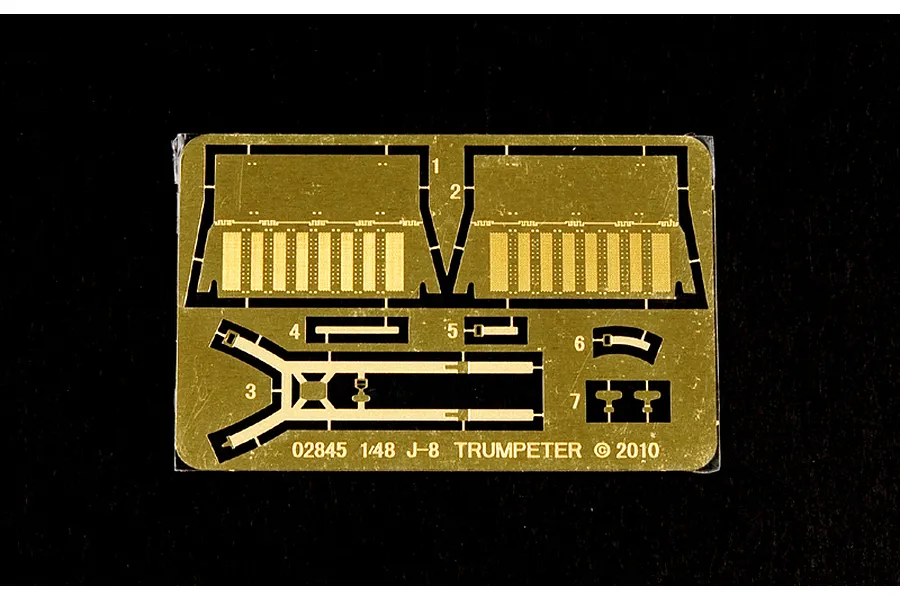 A brass photo-etched detail set for a 1/48 scale Trumpeter J-8B model kit, featuring various small parts on a metal fret.