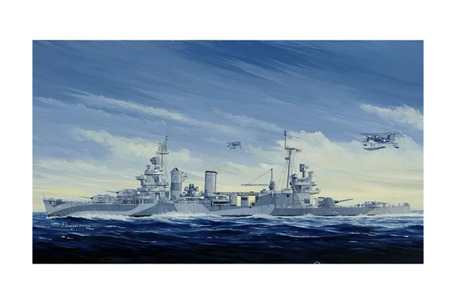 Box art painting of the USS San Francisco CA-38 heavy cruiser sailing on the ocean with two small aircraft flying above.