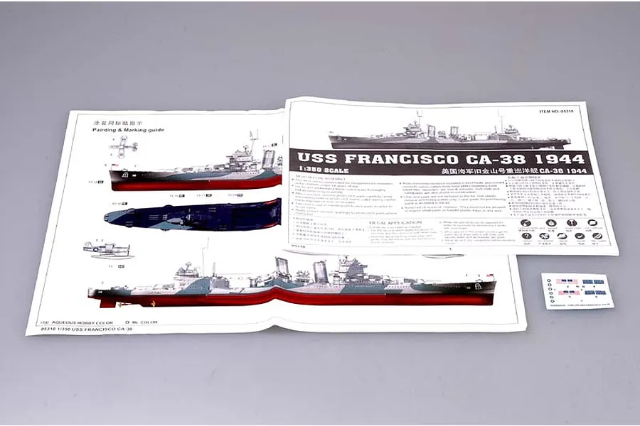 Instruction manual and decal sheet for the Trumpeter 1/350 scale USS San Francisco CA-38 1944 model kit, displayed on a plain grey background.