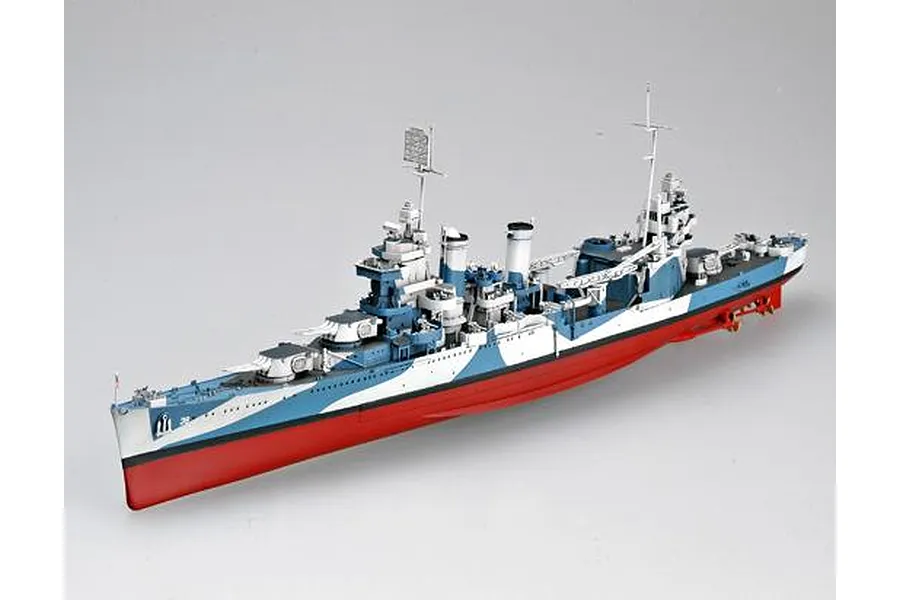 A fully assembled and painted 1/350 scale plastic model of the USS San Francisco CA-38 heavy cruiser in a blue, white, and red camouflage scheme.