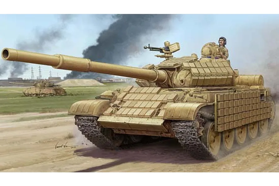 Box art illustration of a tan T-62 tank with reactive armor, featuring a tank commander in the hatch, driving across a dusty field with smoke in the background.