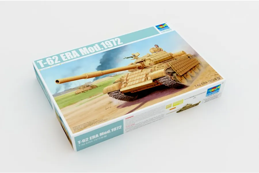 Trumpeter 1/35 scale T-62 ERA Mod. 1972 plastic model tank kit box, featuring box art of a desert-colored tank in a field.