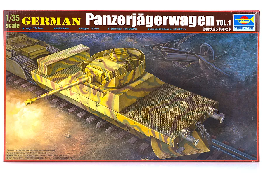 Trumpeter 1/35 scale German Panzerjagerwagen Vol.1 armoured train plastic model kit box art showing a camouflaged rail car on tracks.