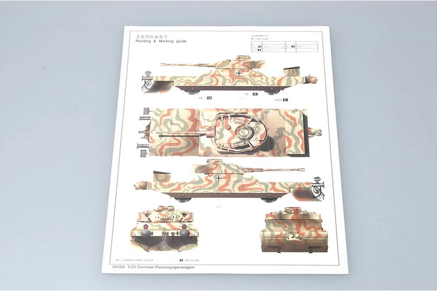 A painting and marking guide sheet for a 1/35 scale German Panzerjager armoured train model kit, showing side, top, and end views with camouflage patterns.