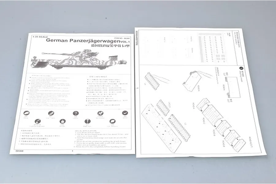 Instruction manual pages for the Trumpeter 1/35 scale German Panzerjagerwagen model kit, showing assembly diagrams and safety information.