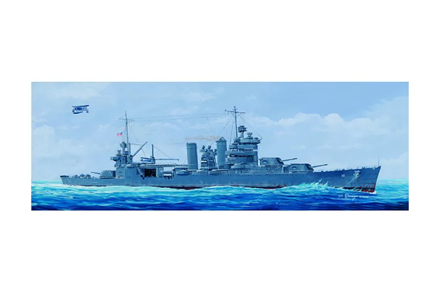Box art illustration of the USS San Francisco CA-38 heavy cruiser sailing on the ocean with a small aircraft flying above.