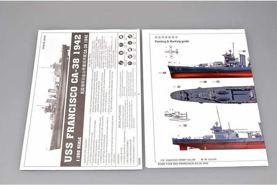 Instruction manual pages for Trumpeter 1/350 USS San Francisco CA-38 1942 model kit, showing assembly and painting guides.
