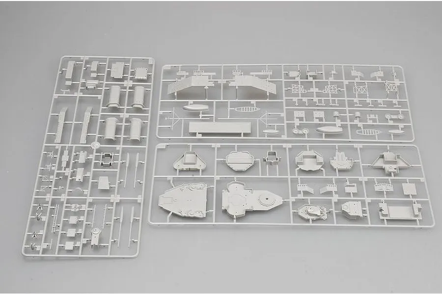 Three grey plastic model kit sprues containing various ship parts for a 1/350 scale USS San Francisco model.