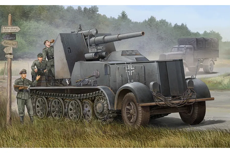 Box art illustration of a German 8.8cm Flak 18 Selbstfahrlafette half-track with soldiers standing by a road sign in a field.