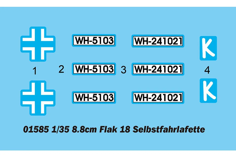 A decal sheet for a 1/35 scale Trumpeter German 8.8cm Flak 18 model kit, featuring Balkenkreuz symbols, license plates, and unit markings.