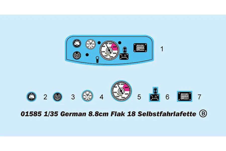 A digital diagram showing decal placement for the dashboard and instrument gauges of a 1/35 scale German 8.8cm Flak 18 model kit.