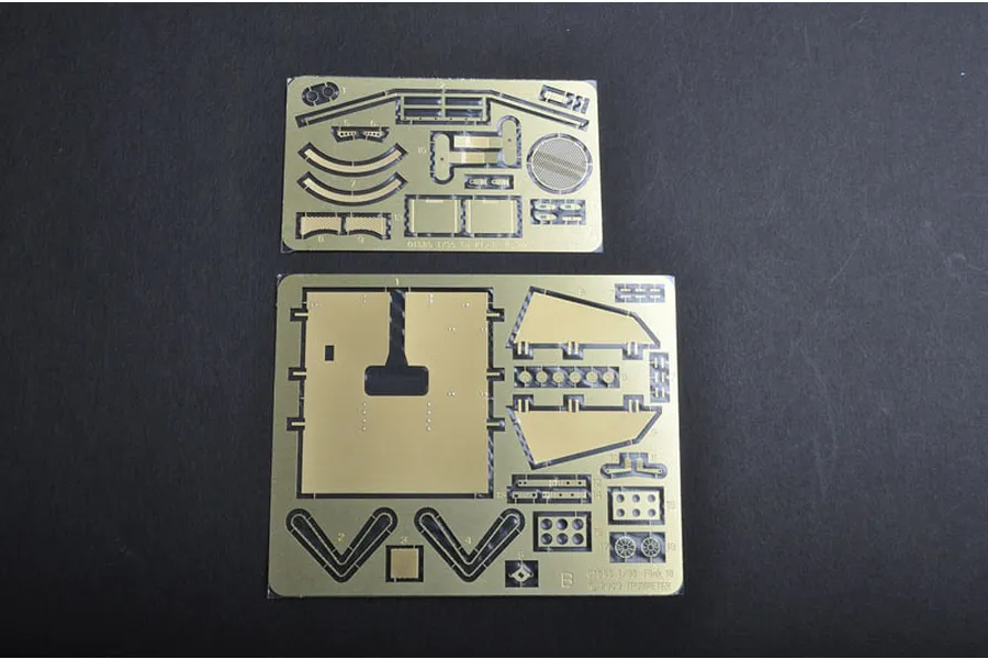 Two photo-etched brass detail sheets for a 1/35 scale Trumpeter model kit on a dark background.
