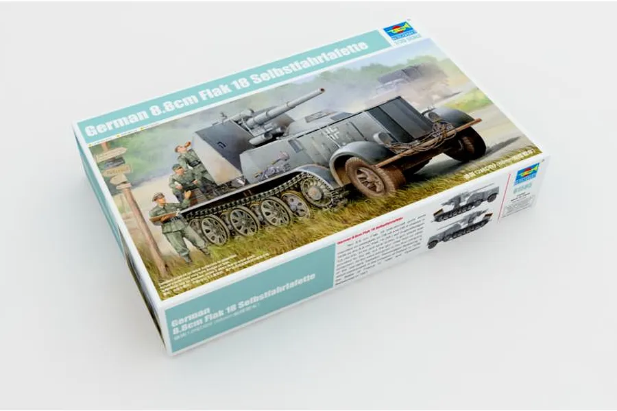 Trumpeter 1/35 scale German 8.8cm Flak 18 Selbstfahrlafette model kit box showing box art of the half-track vehicle and soldiers.