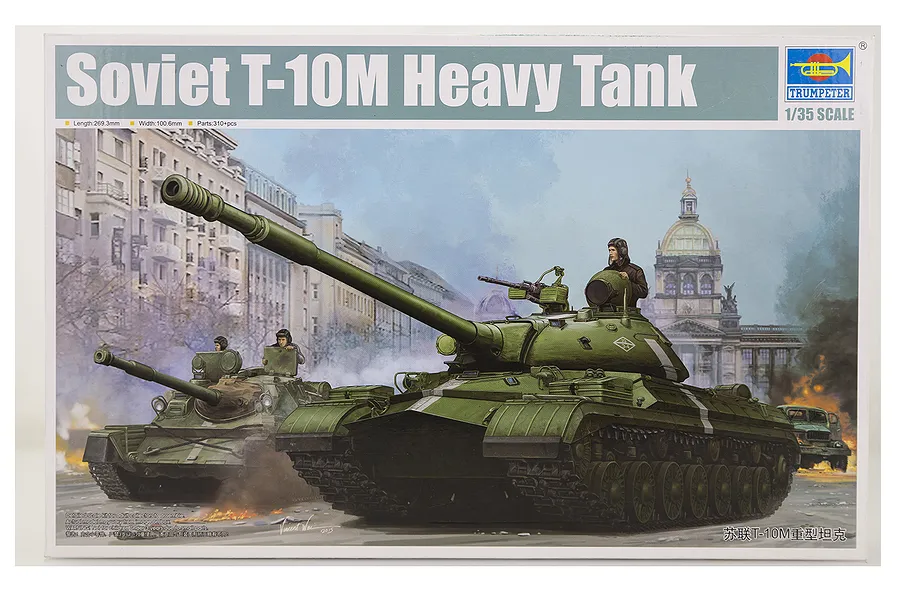 Product box for Trumpeter 1/35 scale Soviet T-10M Heavy Tank plastic model kit featuring box art of two tanks in a city setting.