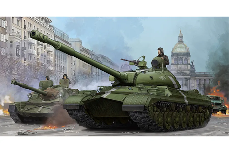 Box art illustration of a Soviet T-10M heavy tank in an urban setting with another tank and a burning vehicle in the background.