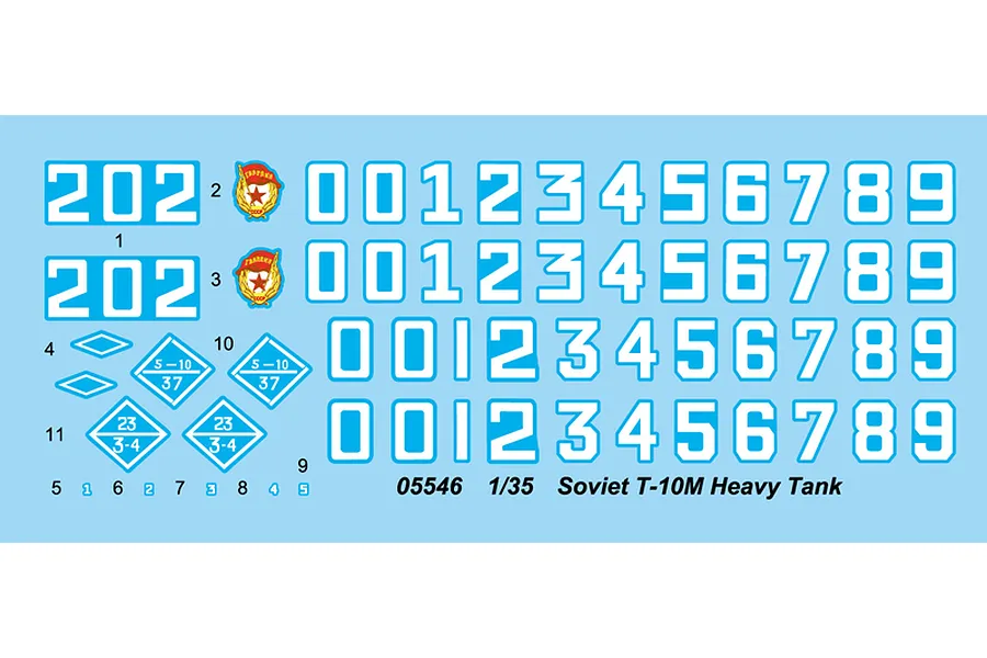 A decal sheet for the Trumpeter 1/35 Soviet T-10M Heavy Tank model kit, featuring various numbers, Soviet-style emblems, and tactical markings.