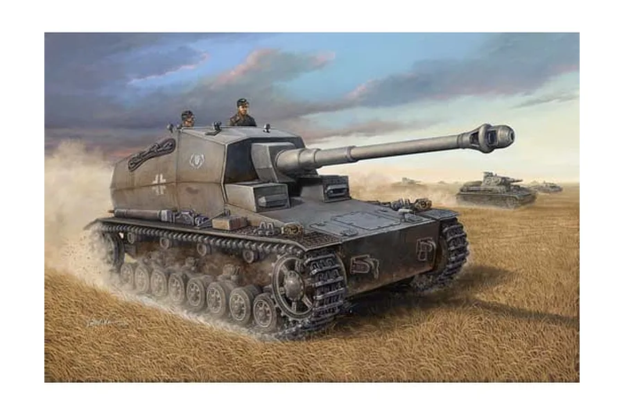 Box art illustration of a German Dicker Max self-propelled gun driving through a field with two crew members visible in the open top compartment.