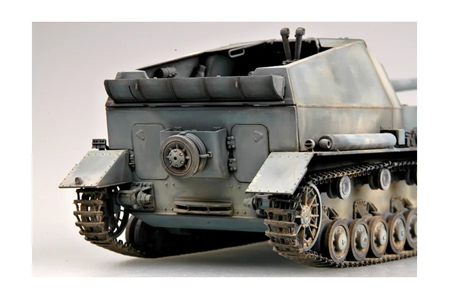 A detailed scale model of a German Dicker Max self-propelled gun, showing the rear hull, tracks, and open fighting compartment.