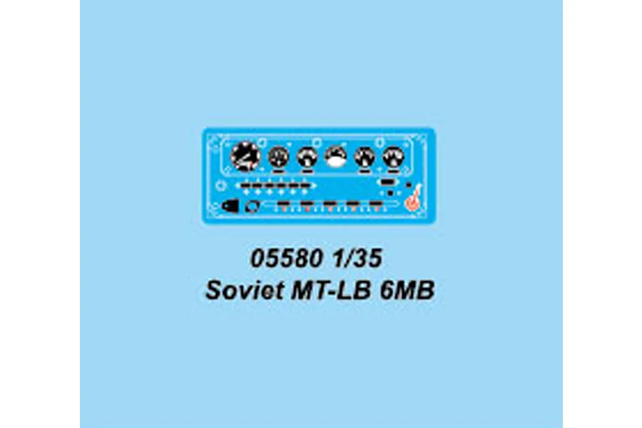 A digital graphic showing a dashboard decal sheet for a 1/35 scale Trumpeter Soviet MT-LB 6MB model kit.