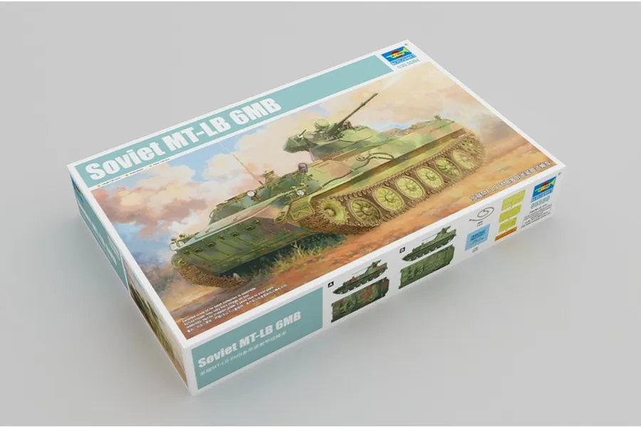 Trumpeter 1/35 scale Soviet MT-LB 6MB plastic model kit box showing artwork of the armored vehicle on a light grey background.