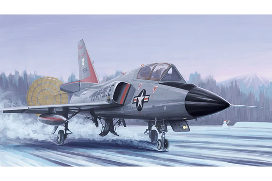 Box art illustration of a grey F-106B Delta Dart jet landing on a snowy runway with a deployed drag chute.