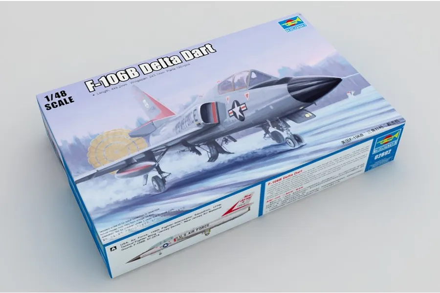 Trumpeter 1/48 scale F-106B Delta Dart model kit box showing artwork of the jet with a drag chute deployed.