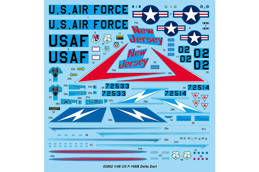 A decal sheet for a 1/48 scale Trumpeter F-106B Delta Dart model kit, featuring various U.S. Air Force markings, New Jersey and Florida text, and numbers.