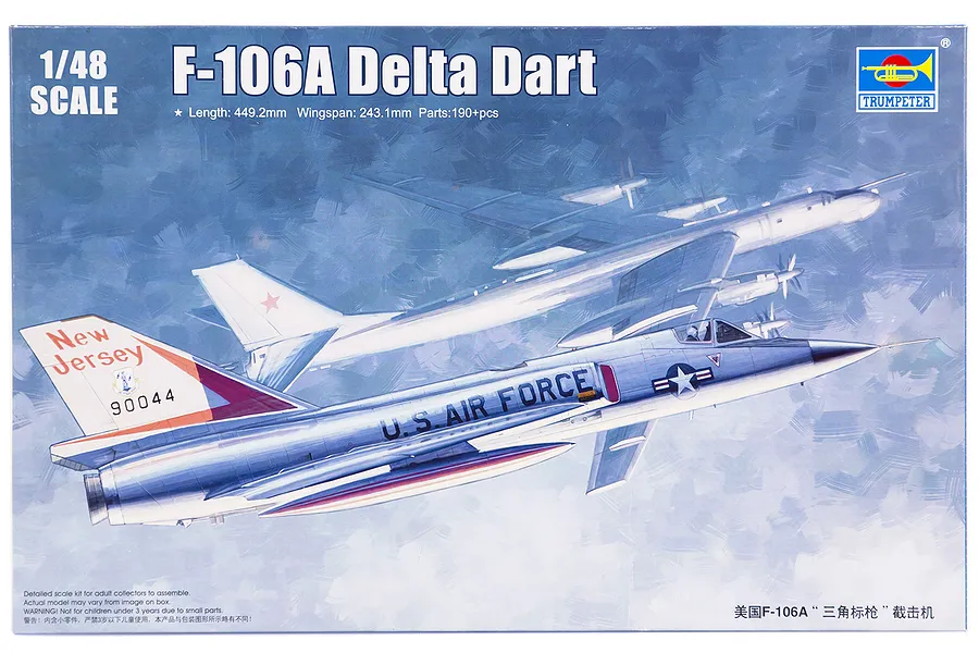 Box art for a Trumpeter 1/48 scale F-106A Delta Dart plastic model kit showing a painted illustration of the jet intercepting a bomber.