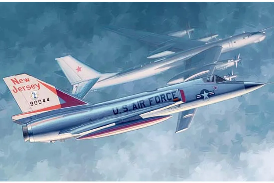 Box art illustration of a US Air Force F-106A Delta Dart intercepting a Soviet bomber in flight.