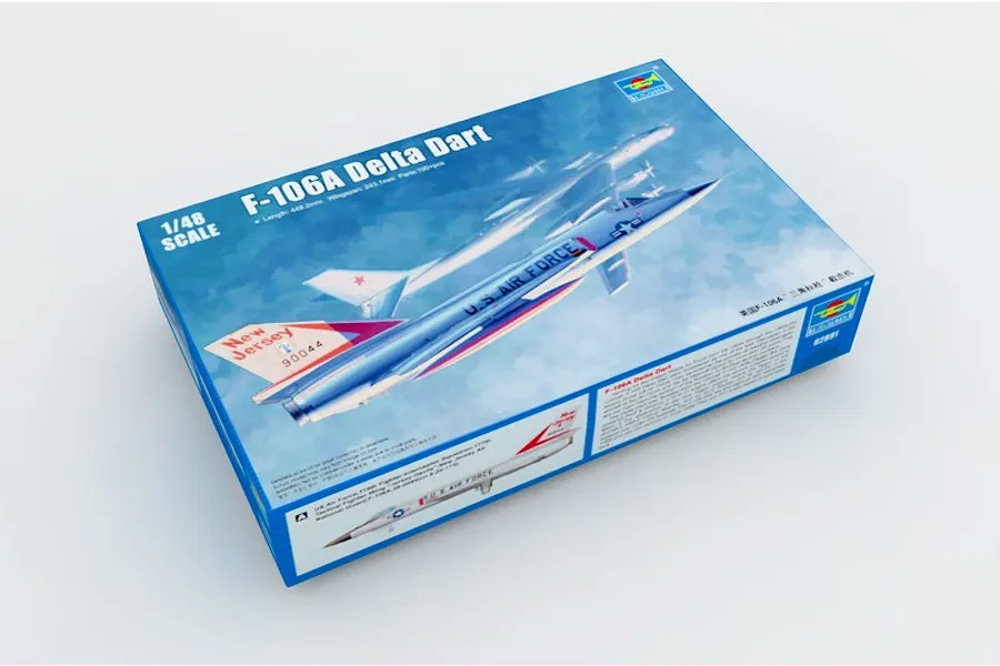 Trumpeter 1/48 scale F-106A Delta Dart plastic model kit box showing artwork of the aircraft in flight against a blue sky.