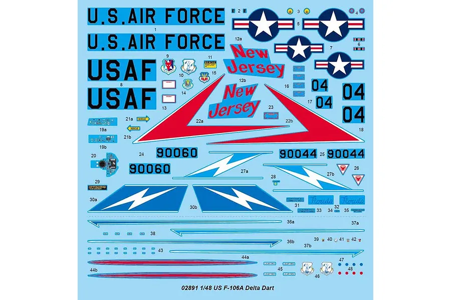 A decal sheet for a 1/48 scale Trumpeter F-106A Delta Dart model kit, featuring various USAF markings, New Jersey and Florida text, and national insignia.