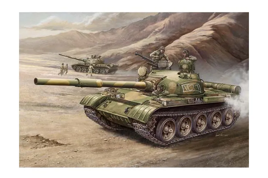 Box art illustration for a Trumpeter 1/35 scale T-62 tank model kit, showing two tanks in a desert landscape with crew members.