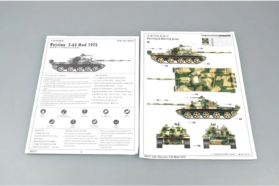 Instruction manual and painting guide for a Trumpeter 1/35 scale Russian T-62 Mod 1972 tank model kit.
